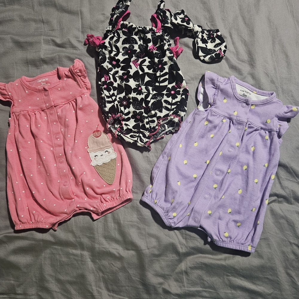 🎁🎁3/20🎁🎁Baby Romper Set - Pink, Black, and Purple